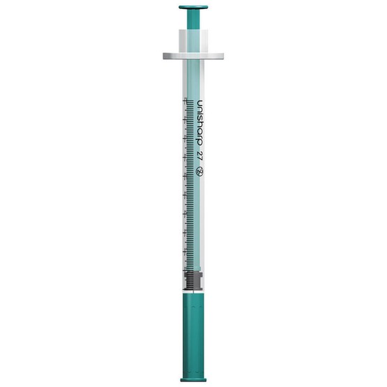 Unisharp 1ml 27G Fixed Needle Syringe: Green (12mm Needle)