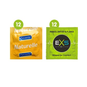 24 Mixed Condoms (12 x Pasante Naturelle & 12 x EXS Ribbed, Dotted & Flared)