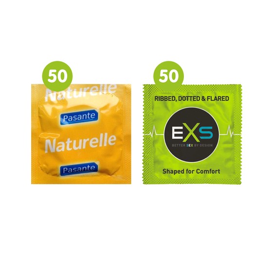 100 Mixed Condoms (50 x Pasante Naturelle & 50 x EXS Ribbed, Dotted & Flared)