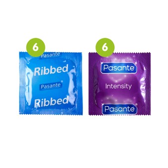 12 Mixed Condoms (6 x Pasante Ribbed & 6 x Pasante Intensity)