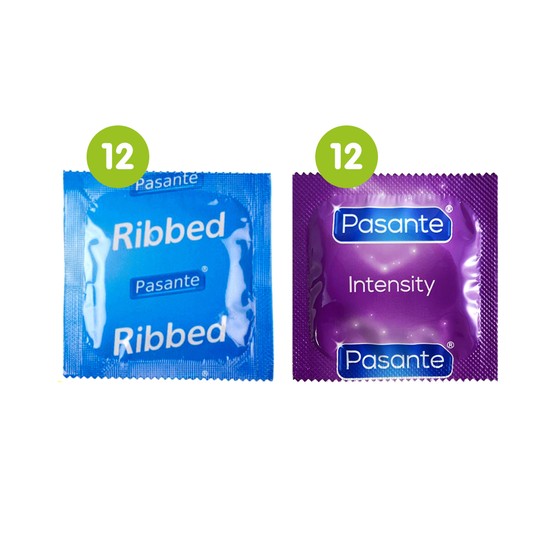 24 Mixed Condoms (12 x Pasante Ribbed & 12 x Pasante Intensity)