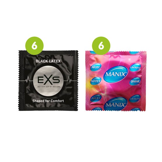 12 Mixed Condoms - 6 x Mates Manix Natural + 6 x EXS Black Latex