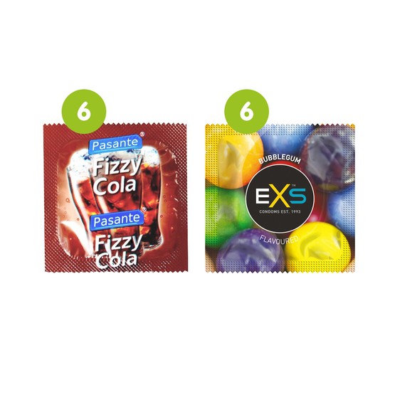 12 Mixed Condoms (6 x Pasante Cola Flavour & 6 x EXS Bubblegum Flavour)