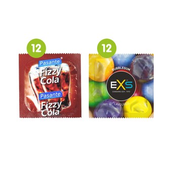 24 Mixed Condoms (12 x Pasante Cola Flavour & 12 x EXS Bubblegum Flavour)