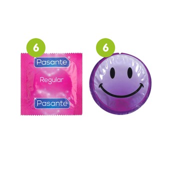 12 Mixed Condoms - 6 x Pasante Regular + 6 x EXS Smiley Faces