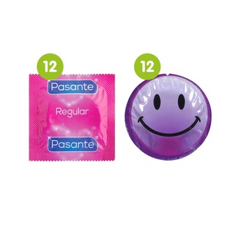 24 Mixed Condoms - 12 x Pasante Regular + 12 x EXS Smiley Faces