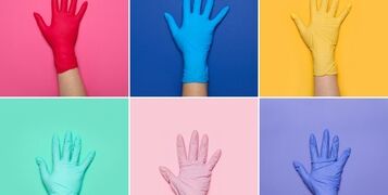 Collage,Of,Hands,In,Medical,Gloves,On,Color,Background