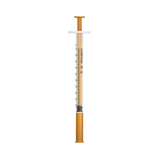 Unisharp 1ml 28G Fixed Needle Syringe: Orange (12mm Needle)